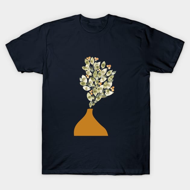 watercolor painting of green leaves in an orange vase T-Shirt by marufemia